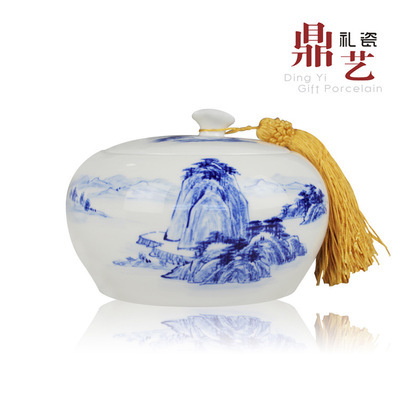 【高档茶叶罐 手绘山水青花瓷礼品罐子】价格,厂家,图片,陶瓷工艺品,福建省德化县盛艺达陶瓷工艺-